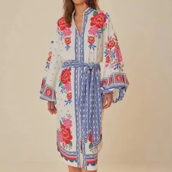 FARM Rio Dresses & Skirts - Farm Rio Flowers Beach Off White Floral Embroidered Midi Dress L NEW 322611